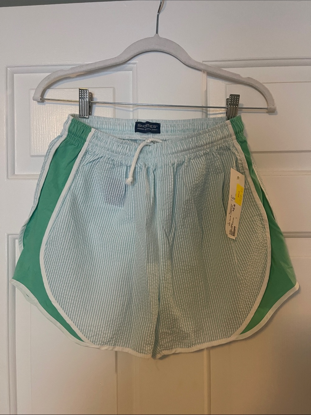 Lauren James Seersucker Athletic Shorts in Light Green with Green Panels